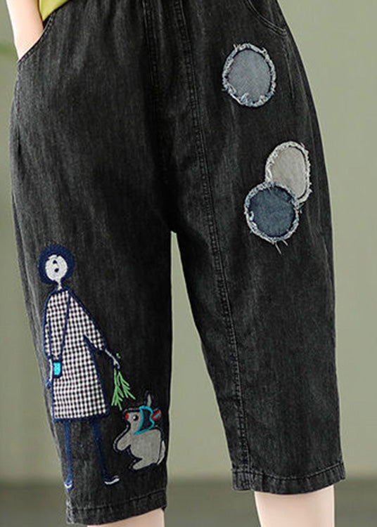 Elegant Blue Embroideried Print Elastic Waist Denim Crop Pants