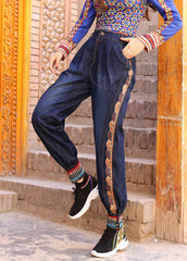 Elegant Blue High Waist Print Cotton Denim Beam Pants