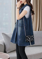 Elegant Blue Notched Patchwork Button Denim Waistcoat Fall