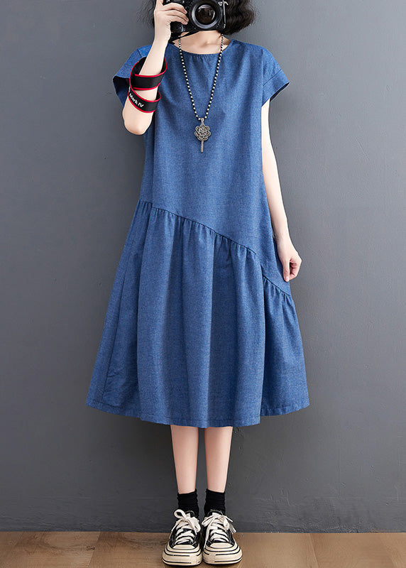 Elegant Blue O-Neck Patchwork Silk Denim Maxi Dress