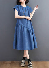 Elegant Blue O-Neck Patchwork Silk Denim Maxi Dress