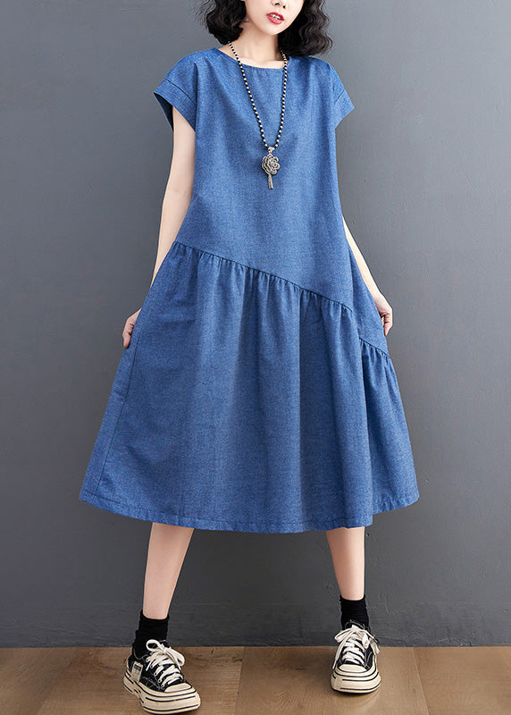 Elegant Blue O-Neck Patchwork Silk Denim Maxi Dress