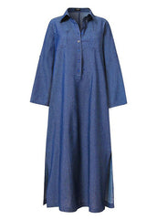 Elegant Blue Peter Pan Collar Patchwork Long Denim Dress Long Sleeve