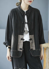 Elegant Blue Pockets Button Patchwork Fall Denim Long sleeve Coat