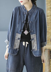 Elegant Blue Pockets Button Patchwork Fall Denim Long sleeve Coat