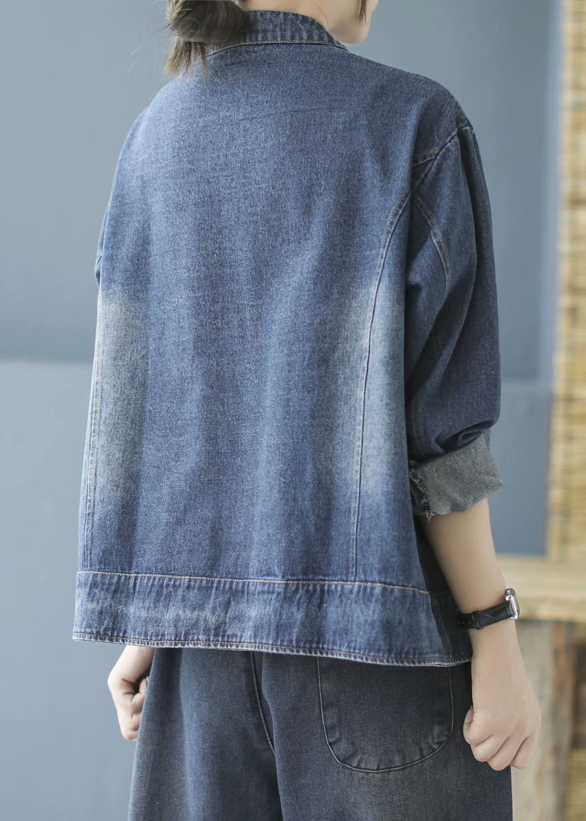 Elegant Blue Pockets Button Patchwork Fall Denim Long sleeve Coat