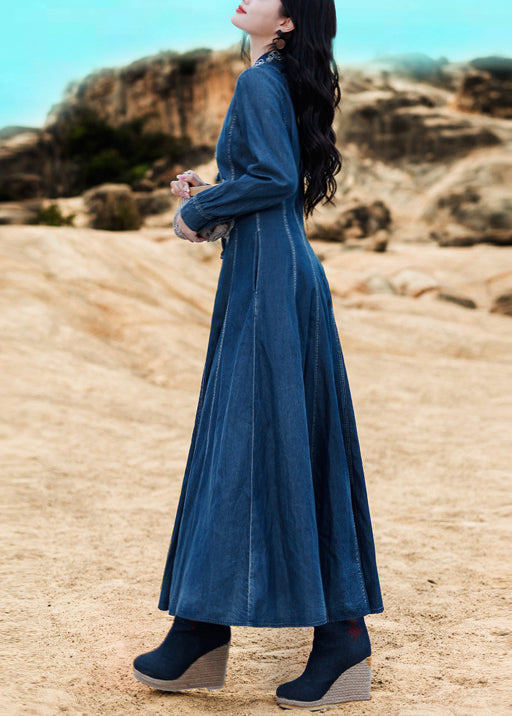 Elegant Blue V Neck Embroideried button Cotton Denim Long Dresses Long Sleeve