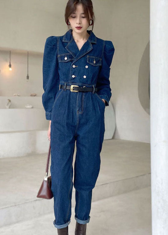 Elegant Dark Blue Puff Sleeve denim Jumpsuit