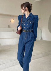 Elegant Dark Blue Puff Sleeve denim Jumpsuit