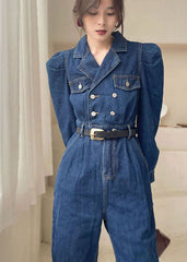 Elegant Dark Blue Puff Sleeve denim Jumpsuit