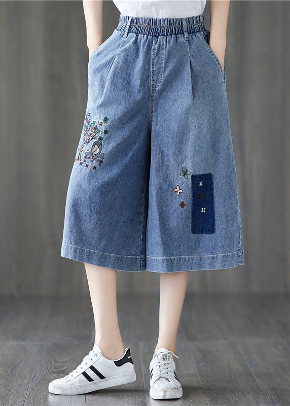 Elegant Denim Blue Elastic Waist Embroideried Cotton Wide Leg Pants