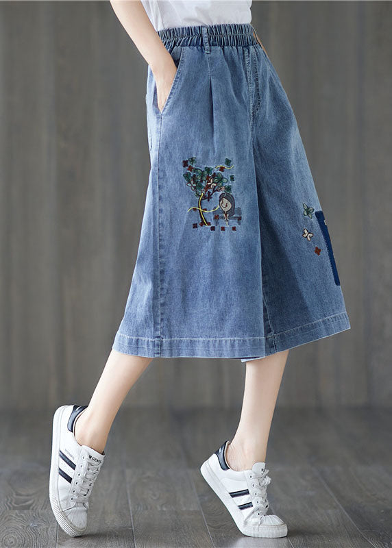 Elegant Denim Blue Elastic Waist Embroideried Cotton Wide Leg Pants