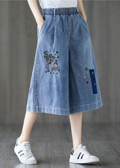 Elegant Denim Blue Elastic Waist Embroideried Cotton Wide Leg Pants