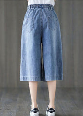 Elegant Denim Blue Elastic Waist Embroideried Cotton Wide Leg Pants