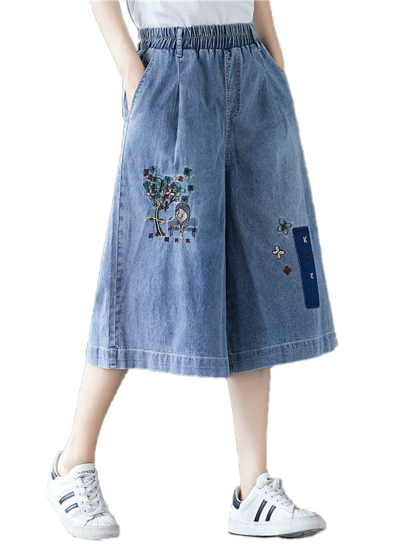 Elegant Denim Blue Elastic Waist Embroideried Cotton Wide Leg Pants