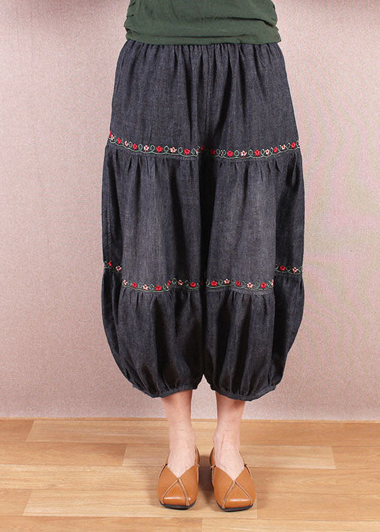 Elegant Denim Blue Elastic Waist Oriental Embroideried Patchwork Cotton Lantern Pants