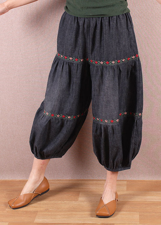 Elegant Denim Blue Elastic Waist Oriental Embroideried Patchwork Cotton Lantern Pants