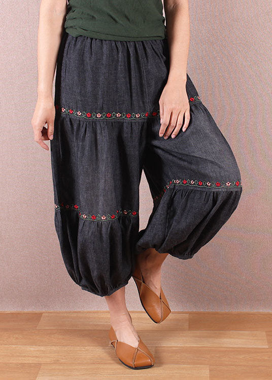 Elegant Denim Blue Elastic Waist Oriental Embroideried Patchwork Cotton Lantern Pants