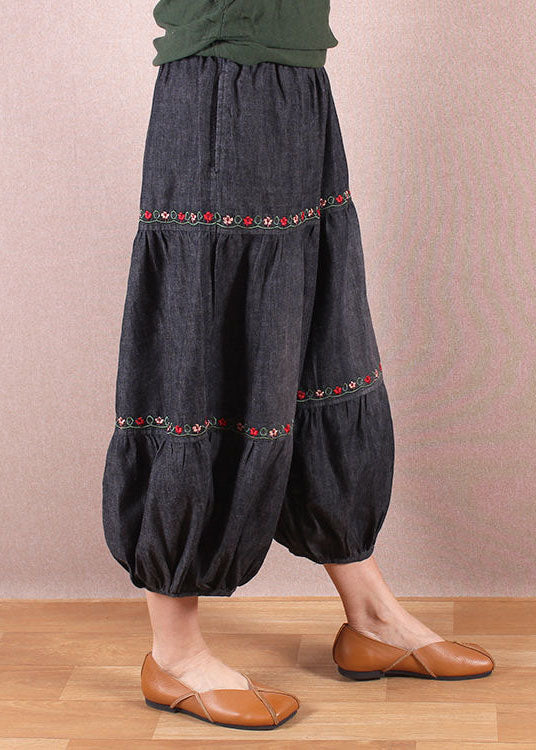 Elegant Denim Blue Elastic Waist Oriental Embroideried Patchwork Cotton Lantern Pants