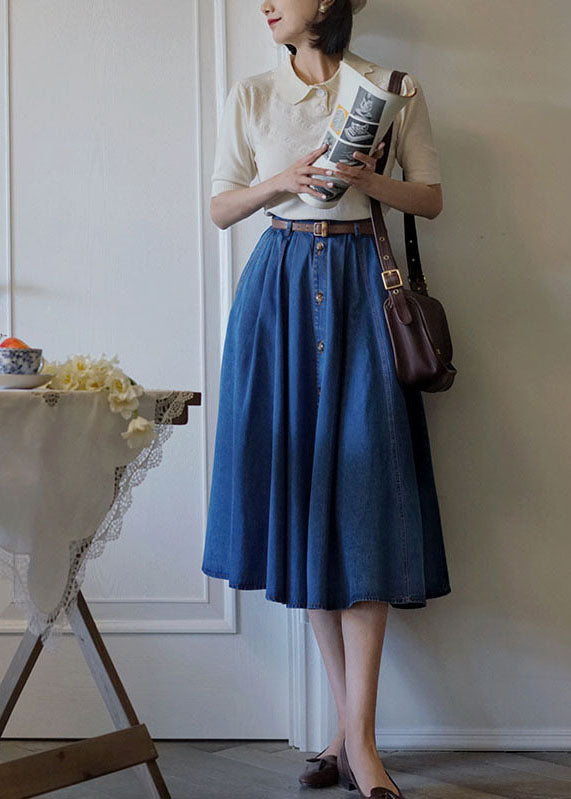 Elegant Denim Blue High Waist Exra Large Hem Cotton Skirt