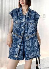 Elegant Denim Blue Loose Button zippered Print Fall Two Piece Set Clothing Sleeveless