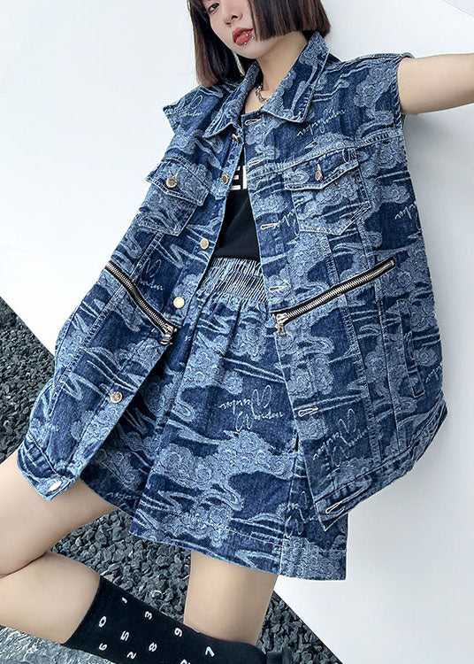 Elegant Denim Blue Loose Button zippered Print Fall Two Piece Set Clothing Sleeveless