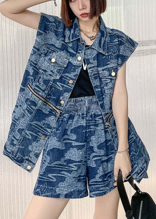 Elegant Denim Blue Loose Button zippered Print Fall Two Piece Set Clothing Sleeveless