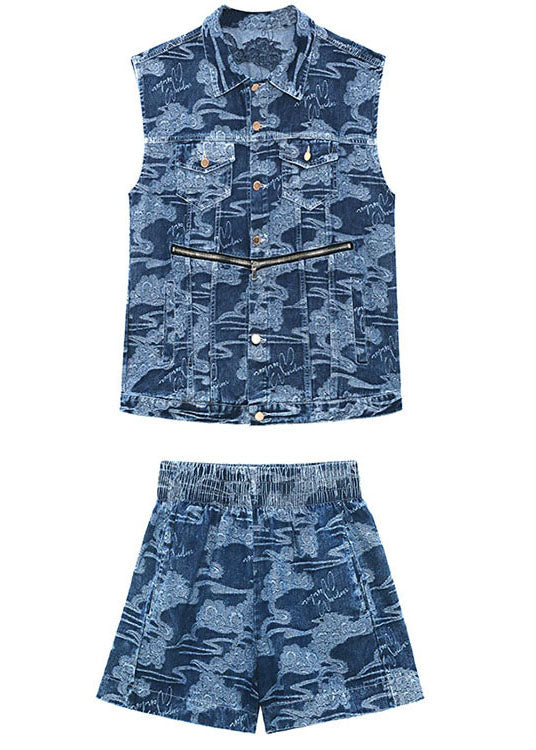 Elegant Denim Blue Loose Button zippered Print Fall Two Piece Set Clothing Sleeveless