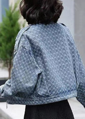 Elegant Denim Blue Notched Zippered Plaid Coat Long Sleeve