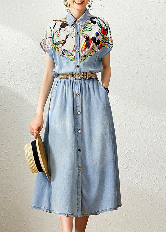 Elegant Denim Blue Peter Pan Collar Patchwork Print Cinched Dresses