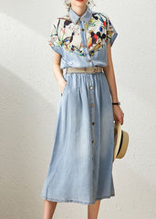 Elegant Denim Blue Peter Pan Collar Patchwork Print Cinched Dresses