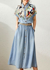 Elegant Denim Blue Peter Pan Collar Patchwork Print Cinched Dresses