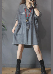 Elegant Denim tie waist Turn-down Collar Maxi Cotton Dress