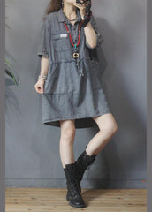 Elegant Denim tie waist Turn-down Collar Maxi Cotton Dress