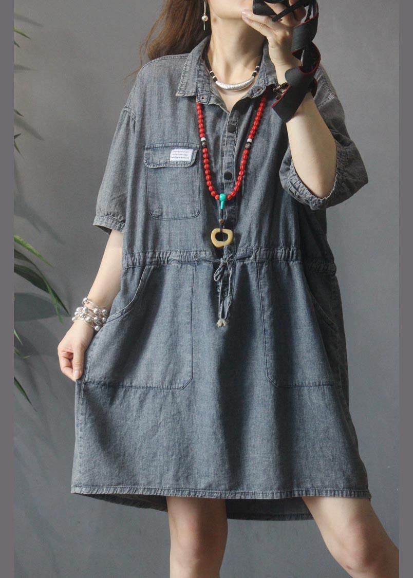 Elegant Denim tie waist Turn-down Collar Maxi Cotton Dress