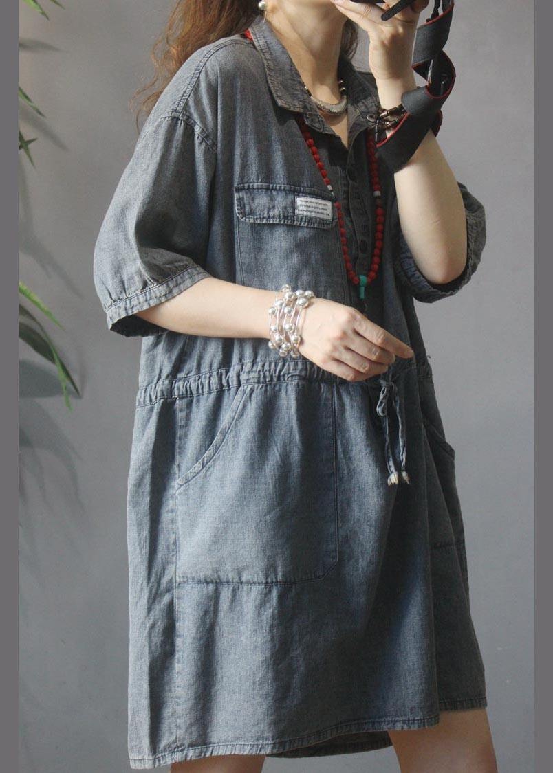 Elegant Denim tie waist Turn-down Collar Maxi Cotton Dress