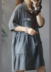 Elegant Denim tie waist Turn-down Collar Maxi Cotton Dress