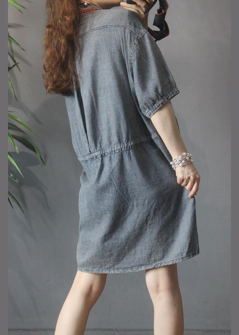 Elegant Denim tie waist Turn-down Collar Maxi Cotton Dress