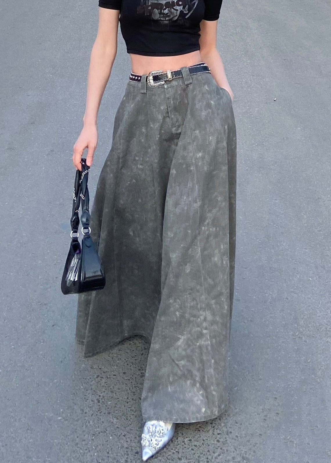 Elegant Grey  Pockets High Waist Patchwork Denim Maxi Skirts