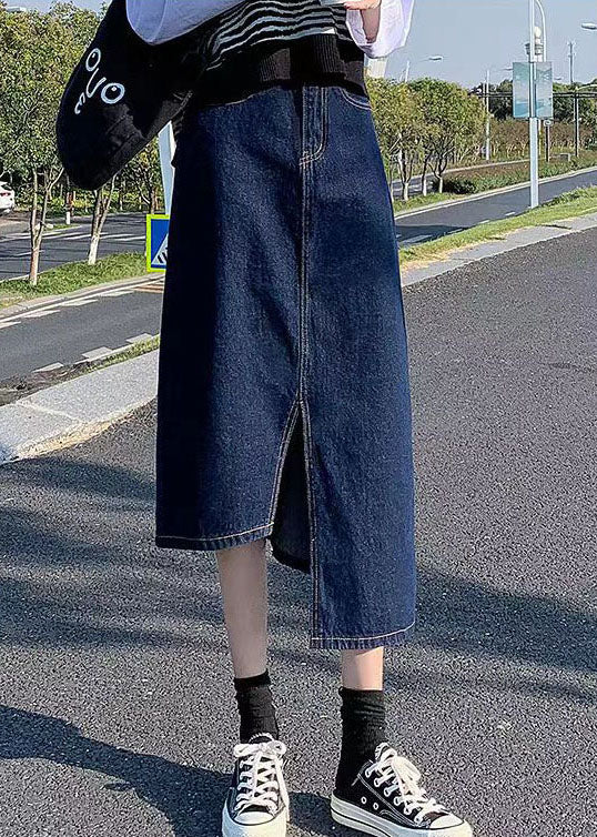 Elegante Wickelröcke aus Baumwoll-Denim mit seitlich offener, asymmetrischer Tasche in Marineblau