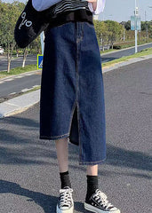 Elegant Navy Side Open Asymmetrical Pocket Cotton Denim Wraped Skirts