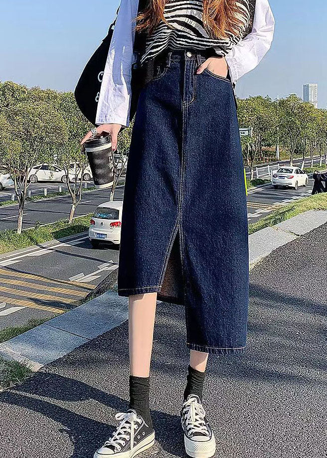 Elegant Navy Side Open Asymmetrical Pocket Cotton Denim Wraped Skirts