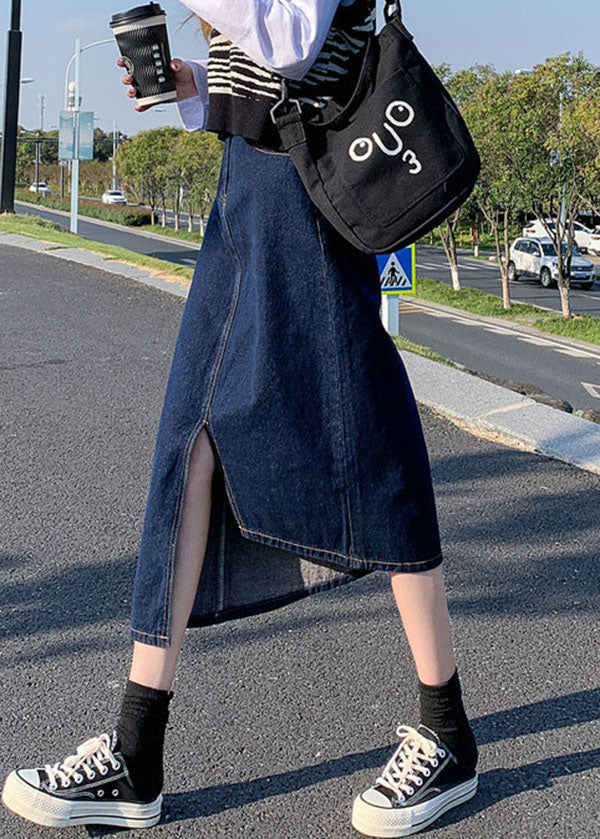 Elegant Navy Side Open Asymmetrical Pocket Cotton Denim Wraped Skirts