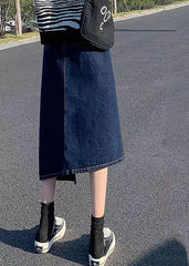 Elegant Navy Side Open Asymmetrical Pocket Cotton Denim Wraped Skirts