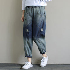 Elegant Casual Pants Stylish Denim Dark Blue Shape Elastic Waist Hole Wild Pants