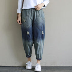 Elegant Casual Pants Stylish Denim Dark Blue Shape Elastic Waist Hole Wild Pants