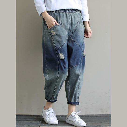 Elegant Casual Pants Stylish Denim Dark Blue Shape Elastic Waist Hole Wild Pants