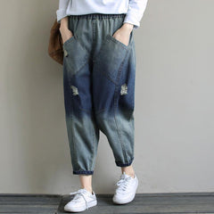 Elegant Casual Pants Stylish Denim Dark Blue Shape Elastic Waist Hole Wild Pants