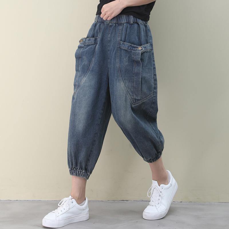 Elegant dark denim blue trousers  pockets Cotton shorts