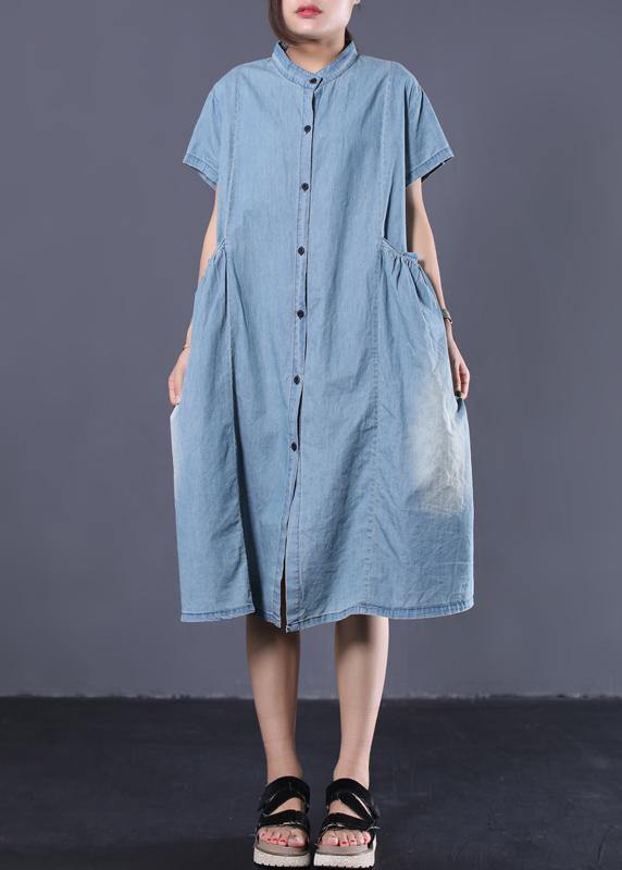 Elegant denim blue cotton clothes Cinched pockets long Dresses